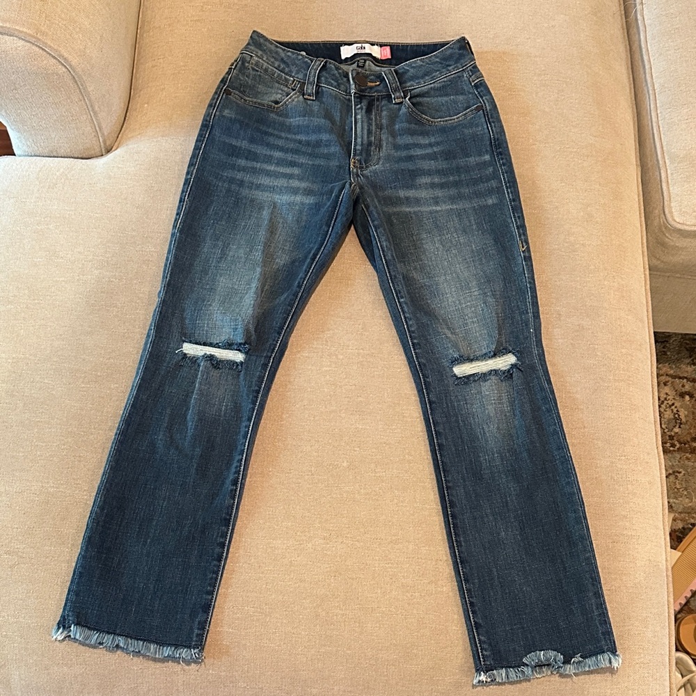 Cabi Cropped High Straight Skinny Women's Blue Distressed Jeans 00
